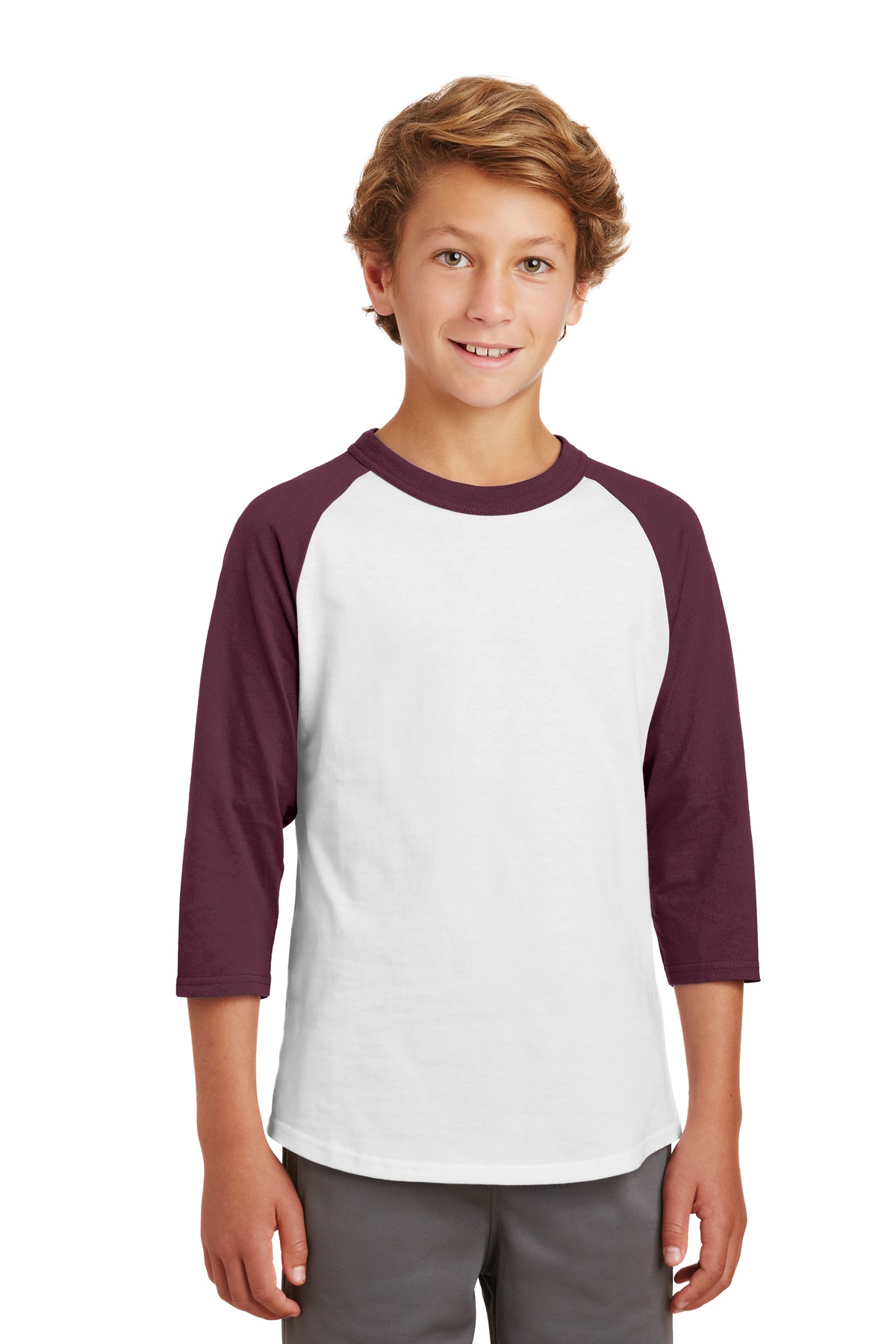 Sport-Tek YT200 Youth Colorblock Raglan Jersey T-Shirt in White/Maroon size Medium | Cotton