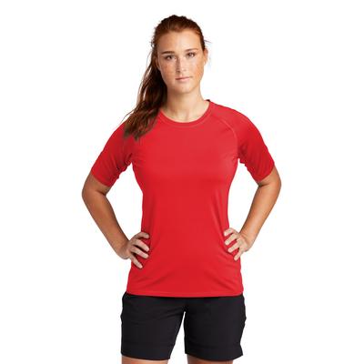 Sport-Tek LST470 Athletic Women's Rashguard Top in True Red size XS | Polyester/Spandex Blend