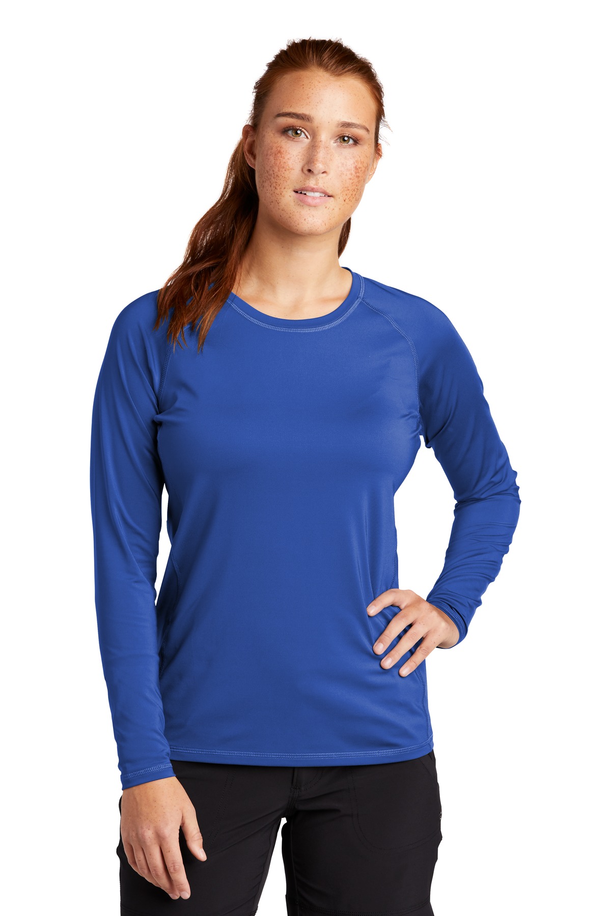 Sport-Tek LST470LS Athletic Women's Long Sleeve Rashguard Top in True Royal Blue size 4XL | Polyester/Spandex Blend