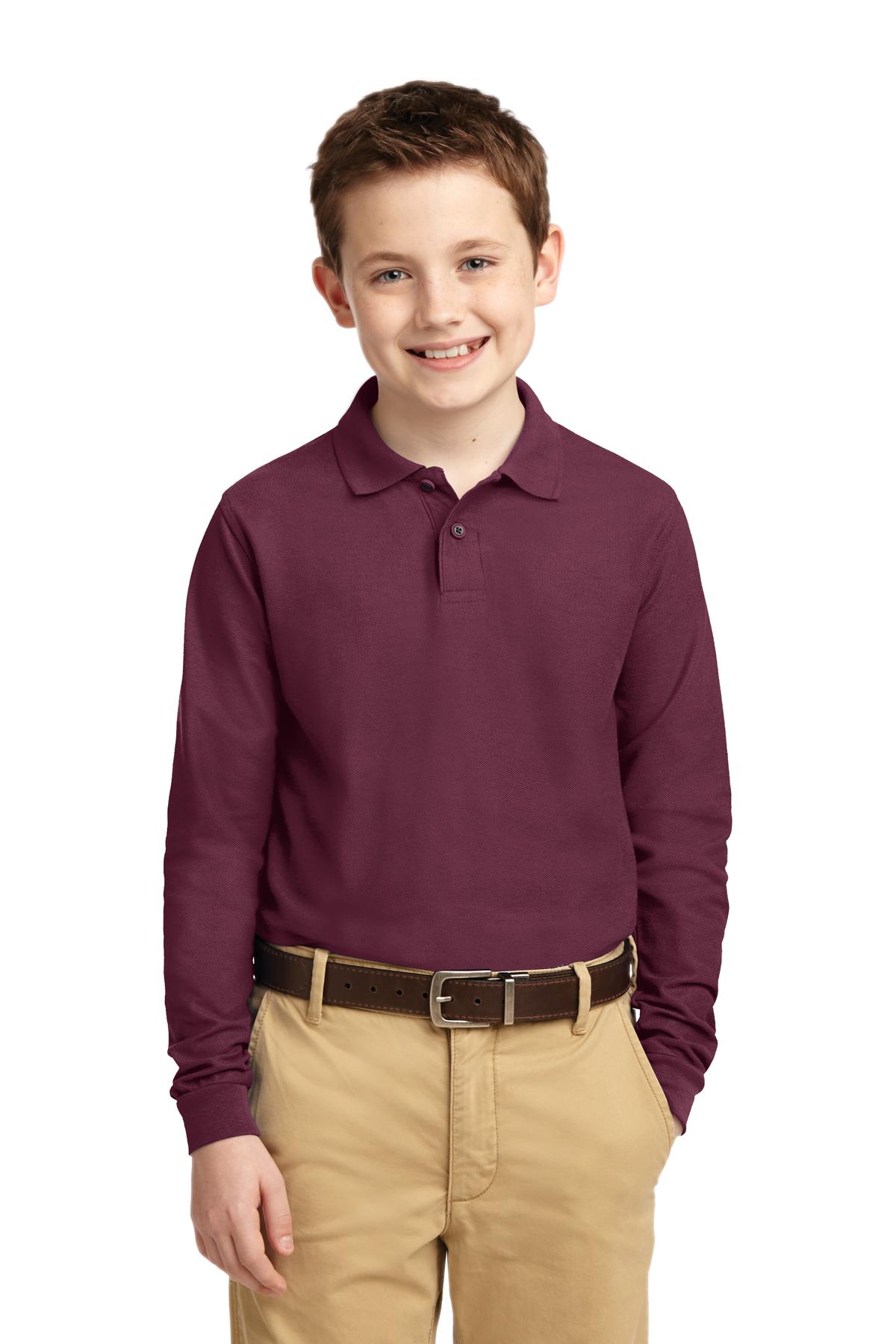 Port Authority Y500LS Youth Long Sleeve Silk Touch Polo Shirt in Burgundy size Large | Polyester Blend