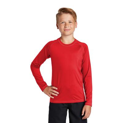 Sport-Tek YST470LS Athletic Youth Long Sleeve Rashguard Top in True Red size Large | Polyester/Spandex Blend