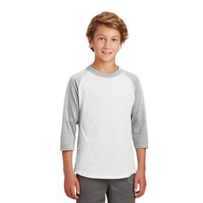 Sport-Tek YT200 Youth Colorblock Raglan Jersey T-Shirt in White/Heather Grey size Medium | Cotton