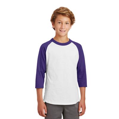 Sport-Tek YT200 Youth Colorblock Raglan Jersey T-Shirt in White/Purple size Large | Cotton