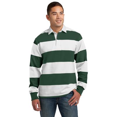 Sport-Tek ST301 Classic Long Sleeve Rugby Polo Shirt in Forest Green/White size XL | Cotton