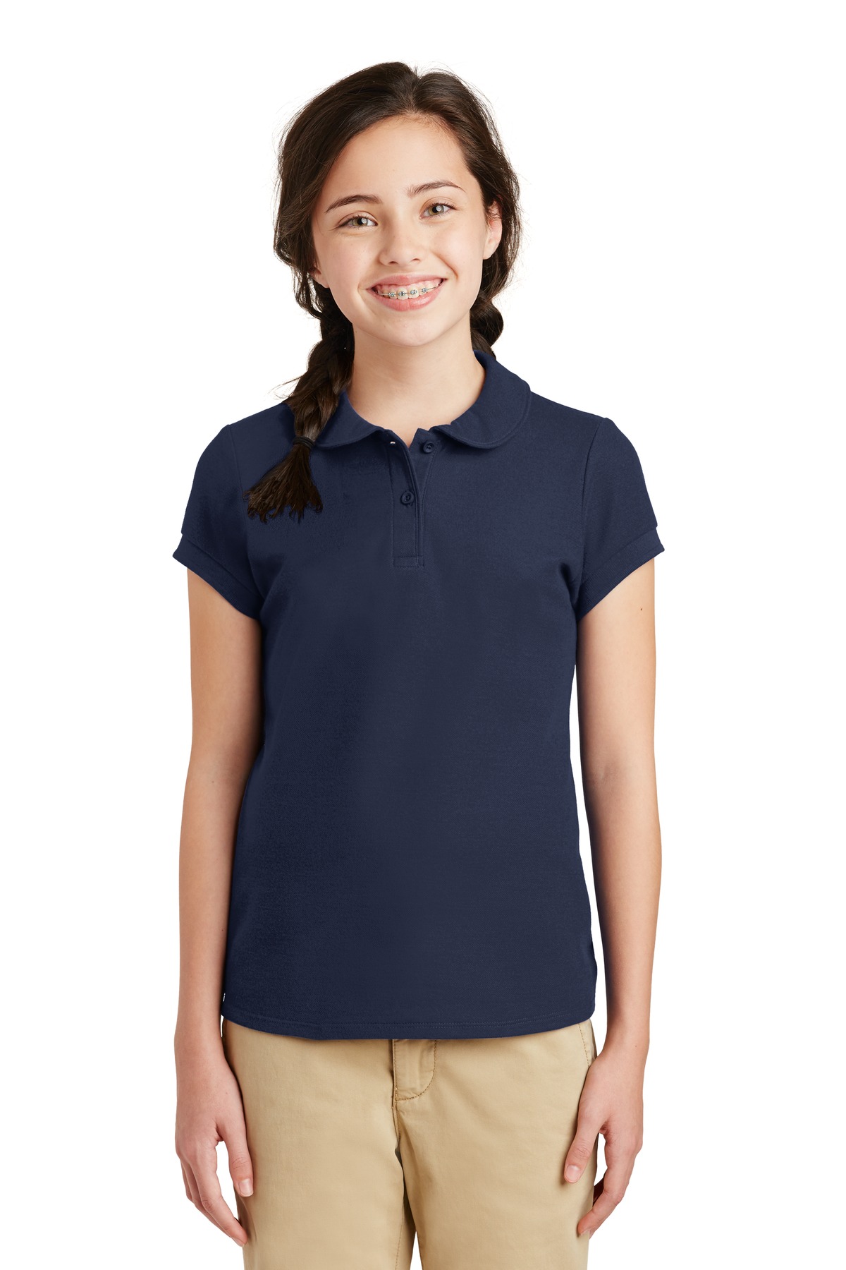 Port Authority YG503 Girls Silk Touch Peter Pan Collar Polo Shirt in Navy Blue size Small | Polyester Blend - Port Authority