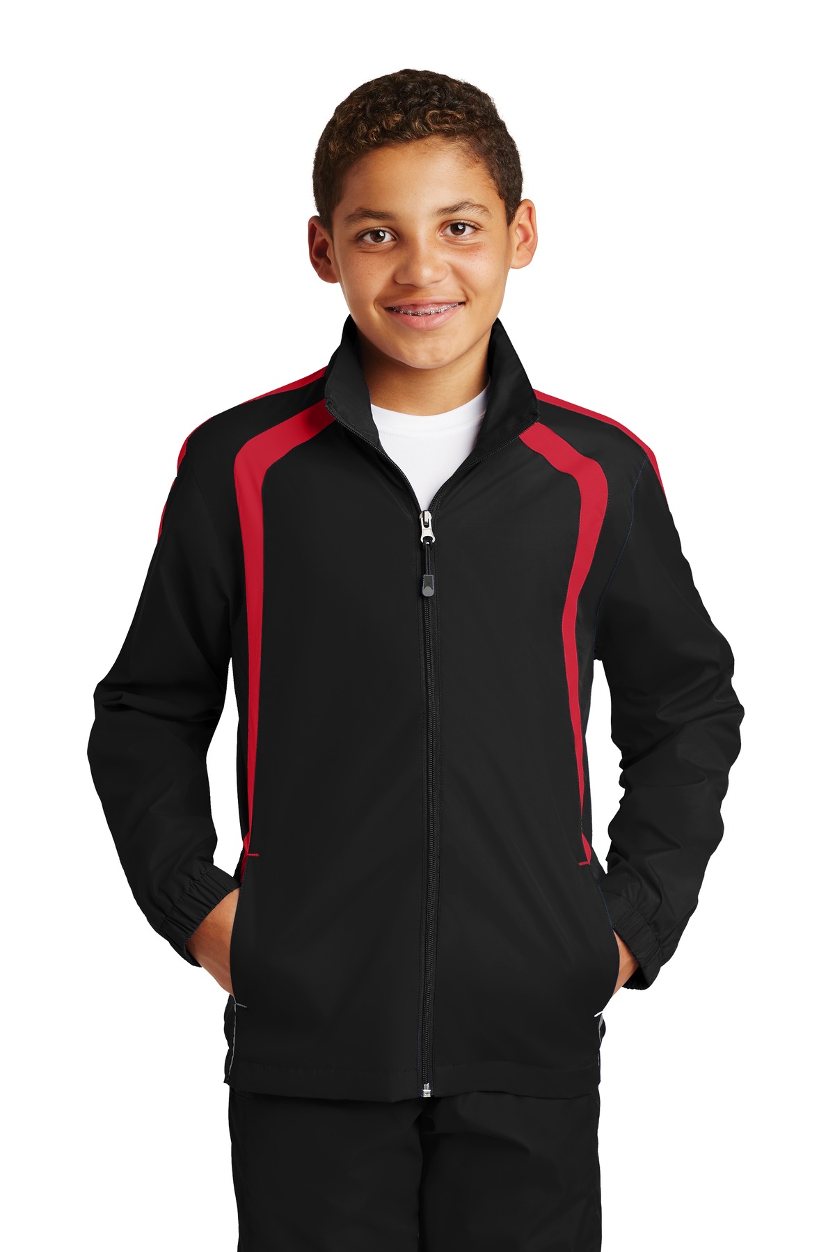 Sport-Tek YST60 Athletic Youth Colorblock Raglan Jacket in Black/True Red size XS | Polyester