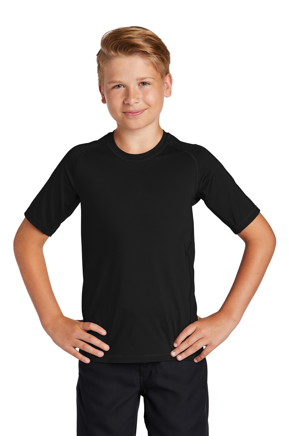 Sport-Tek YST470 Athletic Youth Rashguard Top in Black size Small | Polyester/Spandex Blend