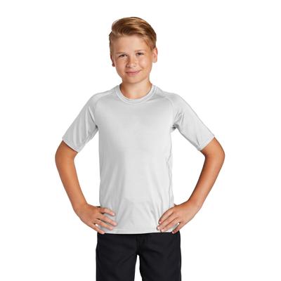 Sport-Tek YST470 Athletic Youth Rashguard Top in White size Medium | Polyester/Spandex Blend