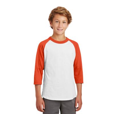 Sport-Tek YT200 Youth Colorblock Raglan Jersey T-Shirt in White/Deep Orange size Large | Cotton