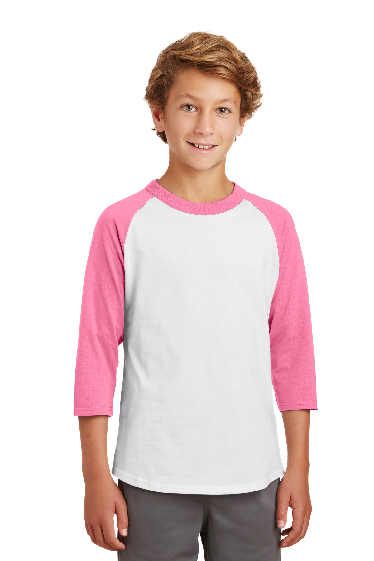 Sport-Tek YT200 Youth Colorblock Raglan Jersey T-Shirt in White/Bright Pink size XL | Cotton