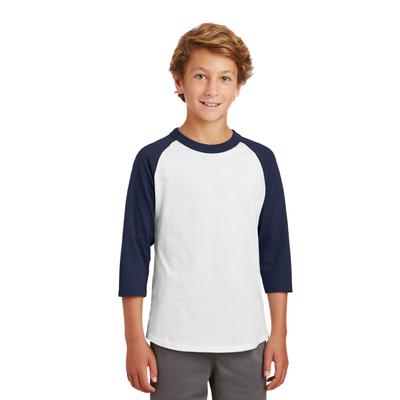 Sport-Tek YT200 Youth Colorblock Raglan Jersey T-Shirt in White/Navy Blue size Medium | Cotton