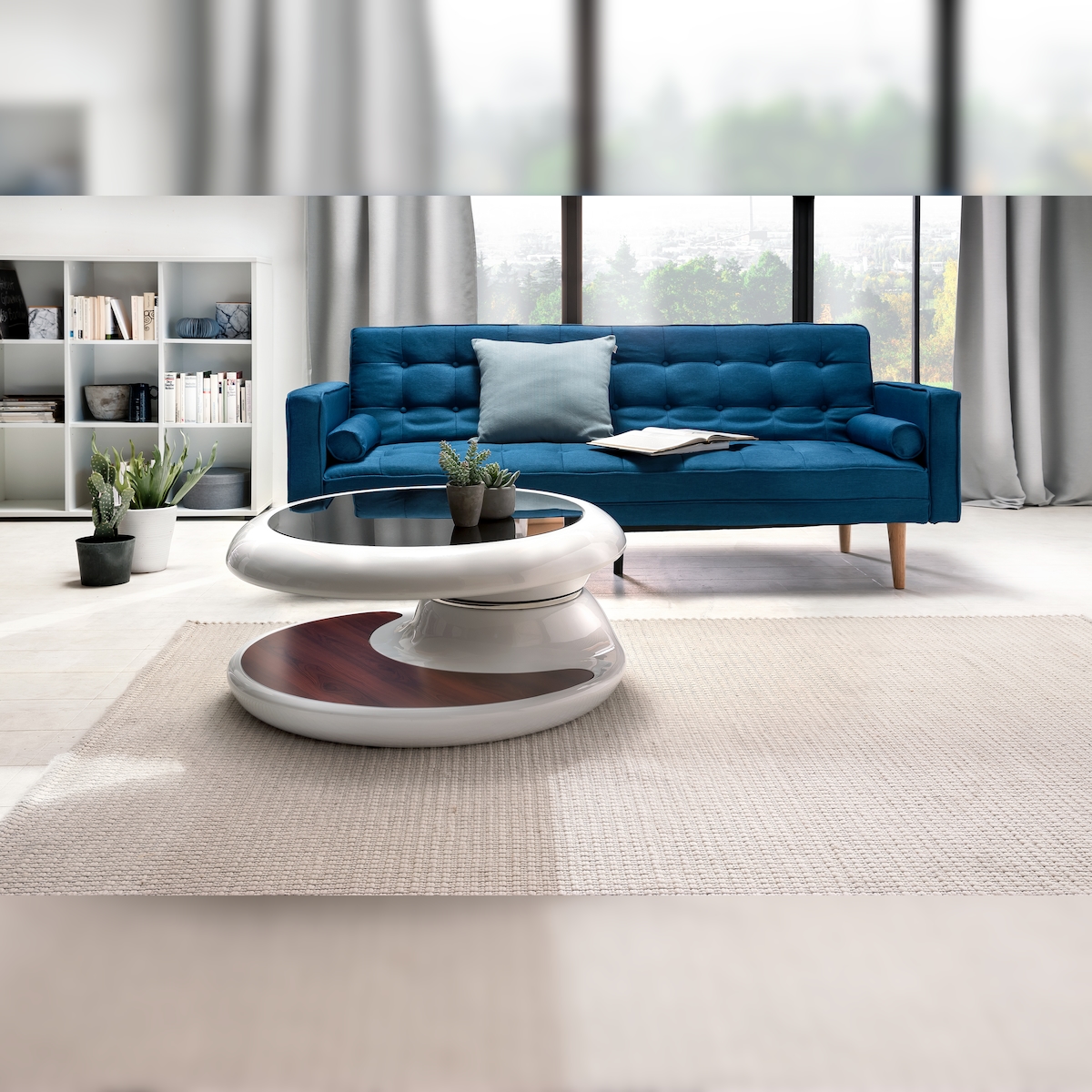 SalesFever Couchtisch rund | 360 Grad drehbar | Fiberglas | B 90 x T 90 x H 42 cm | weiß-braun-schwarz Image