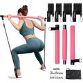 Pilates Exercise Stick Kit with 4 (2 Strong & 2 Standard) Resistance Bands，Portable Compact 3-Section Yoga Resistance Bands for Legs and Butt, Pilates Bar with Foot Strap for Full Body Workout（Pink）