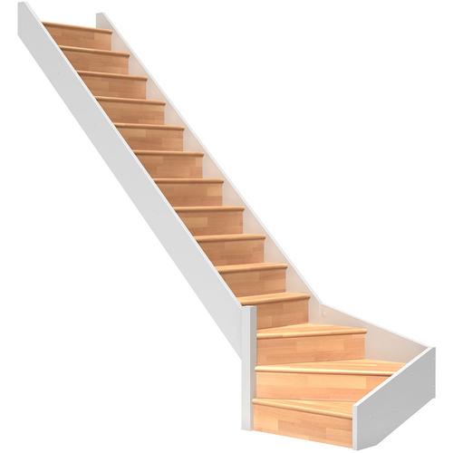 DOLLE Raumspartreppe Wangentreppe Paris Holztreppe, Ohne Geländer, 1/4 gewendelt (links),bis 318 cm,Buche,mit Setzstufen,versiegelt weiß