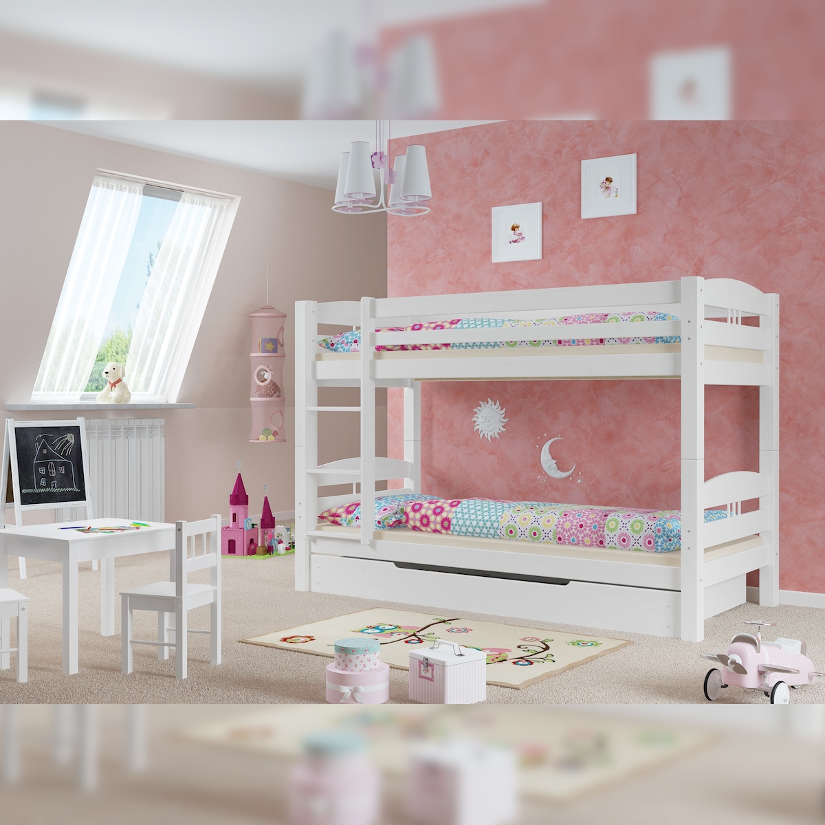 Erst-Holz Etagenbett Kiefer weiß 90x200 mit Matratzen und Rollroste Bettkasten Kinderstockbett 60.10-09WMS1 Image