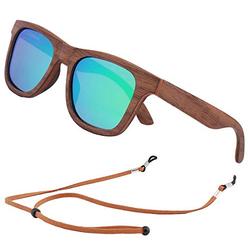 Mens Wooden Sunglasses Polarised for Men Women, Womens Wood Sunglasses Bamboo Case with Strap (Walnut Wood, Green Mirror Lens)