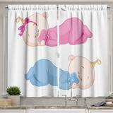 Ambesonne Cartoon Kitchen Curtains Little Twins in Pajamas 55 x39 Pink Blue