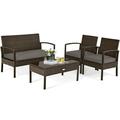 Patiojoy 4 Pieces Outdoor Patio Rattan Furniture Wicker Conversation Set Cushioned