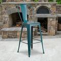 Flash Furniture Commercial Grade 30 High Distressed Kelly Blue-Teal Metal Indoor-Outdoor Barstool with Back