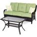 Hanover Orleans 2-Piece Steel Outdoor Patio Deep Seating Set with Brown Wicker Sofa Avocado Green Cushions 2 Pillows and Glass Top Rectangular Coffee Table ORLEANS2PC