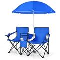 Topbuy Portable Double Camping Chair Folding Picnic Loveseat W/ Removable Adjustable Umbrella Carrying Bag Cooler Bag Side Pocket & Cupholder Blue