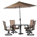 Hanover Brigantine 5-Piece Modern Outdoor Dining Set with Umbrella | 4 Contoured Swivel Rocker Chairs | 50 Round Cast-Top Table | Weather Rust UV Resistant | Tan/Bronze | BRIGDN5PCSWRD-SU