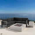 Noble House Camille Outdoor Aluminum 5 Piece V-Shape Sectional Sofa Set with Cushions and Fire Table Black Light Gray