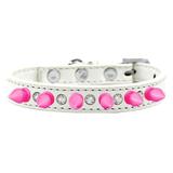 Mirage Pet 625-BPK WT16 Crystal & Bright Pink Spikes Dog Collar White - Size 16