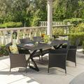 Outdoor 7 Piece Aluminum Dining Set with Wicker Dining Chairs with Cushions Beige Brown Multibrown
