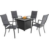 Hanover Naples 5-Piece Fire Pit Chat Set featuring 4 Padded Sling Chairs and 40 000 BTU Tile-Top Fire Pit Table w/ Burner Cover Gray