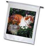 3dRose Orange and White Cat Sleeping in a Flower Garden Behind a Rock - Garden Flag 12 by 18-inch