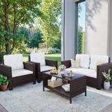 Lacoo 4 Pieces Patio Furniture Sets Rattan Chair Wicker Conversation Sofa Set Outdoor Backyard Porch Garden Poolside Balcony Use Furniture Beige