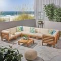 Frankie Outdoor 9 Piece Acacia Wood U-Shaped Sectional Sofa Set with Coffee Table and Cushions Teak Beige