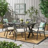 Outdoor Expandable 7 Piece Cast Aluminum Dining Set with Cushions Ivory Black