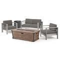 Keaton Outdoor 5 Piece Aluminum Chat Set with Cushions and Fire Pit and Tank Holder Silver Khaki Brown