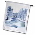 3dRose Winter scene frozen river snowy trees and bridge white gray black - Garden Flag 12 by 18-inch