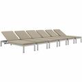 Modway Shore Chaise with Cushions Outdoor Patio Aluminum Set of 6 in Silver Beige