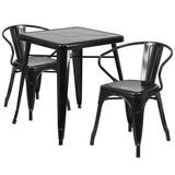 Flash Furniture Commercial Grade 23.75 Square Black Metal Indoor-Outdoor Table Set with 2 Arm Chairs