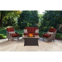 Hanover Ventura 4 Pcs Wicker and Steel Propane Fire Pit Chat Set Crimson Red