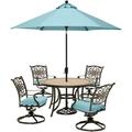 Hanover Monaco 5-Piece Outdoor Furniture Patio Dining Set 4 Cushioned Swivel Rocker Chairs 51 Round Tile-Top Table Umbrella and Base Brushed
