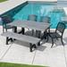 Reina Outdoor 6 Piece Aluminum Dining Set with Light Weight Concrete Table and Bench Natural Grey Black Black Sand