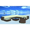 Anself 12 Piece Patio Lounge Set with Cushions Brown Poly Rattan 5 Center Sofa with 3 Corner Sofas 2 Ottoman Glass Top Tea Table Chair Conversation Set for Garden Lawn Outdoor Furniture