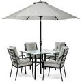 Hanover Lavallette 5-Piece Dining Set in Gray with Table Umbrella and Stand LAVDN5PC-SLV-SU