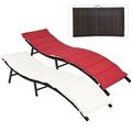 Patiojoy 2PCS Outdoor Patio Rattan Wicker Lounge Chair Chaise Folding W/ Reversible Cushions Red & White