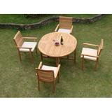 Teak Dining Set:4 Seater 5 Pc - 48 Round Butterfly Table and 4 Hari Stacking Arm Chairs Outdoor Patio Grade-A Teak Wood WholesaleTeak #WMDSHR1