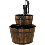 Sunnydaze Wood Barrel Water Fountain with Hand Pump - Rustic 2-Tier - 37 H