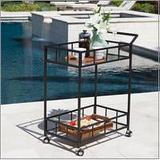 Amber Outdoor Industrial Modern Powder Coated Iron Bar Cart with Andersonred Glass Top Black