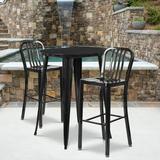 Flash Furniture Commercial Grade 30 Round Black Metal Indoor-Outdoor Bar Table Set with 2 Vertical Slat Back Stools