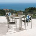 Gannon Outdoor 5 Piece Anodized Aluminum Dining Set with Faux Wood Table Top and Wicker Seats Silver Gray Gray