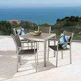 Gannon Outdoor 5 Piece Anodized Aluminum Dining Set with Faux Wood Table Top and Wicker Seats Silver Gray Gray